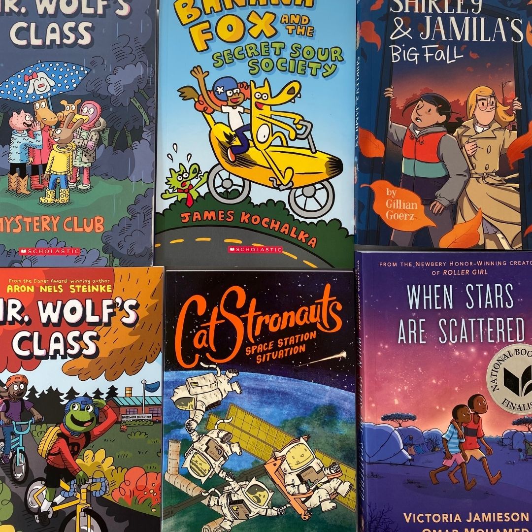 Graphic Novel Flat Lay, Mr Wolf's Class, Banan Fox, Shirley and Jamila, CatStronauts, When stars are scattered