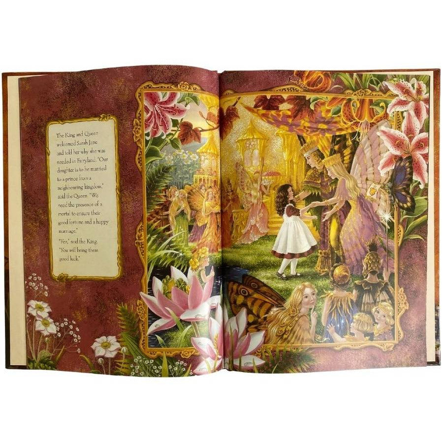 Internal pages of Shirley Barbers Enchanted woods shows a young girl with brown hair greeting a king and queen fairies with crowns and butterfly wing. Other fairies look on and there is a golden palace. 