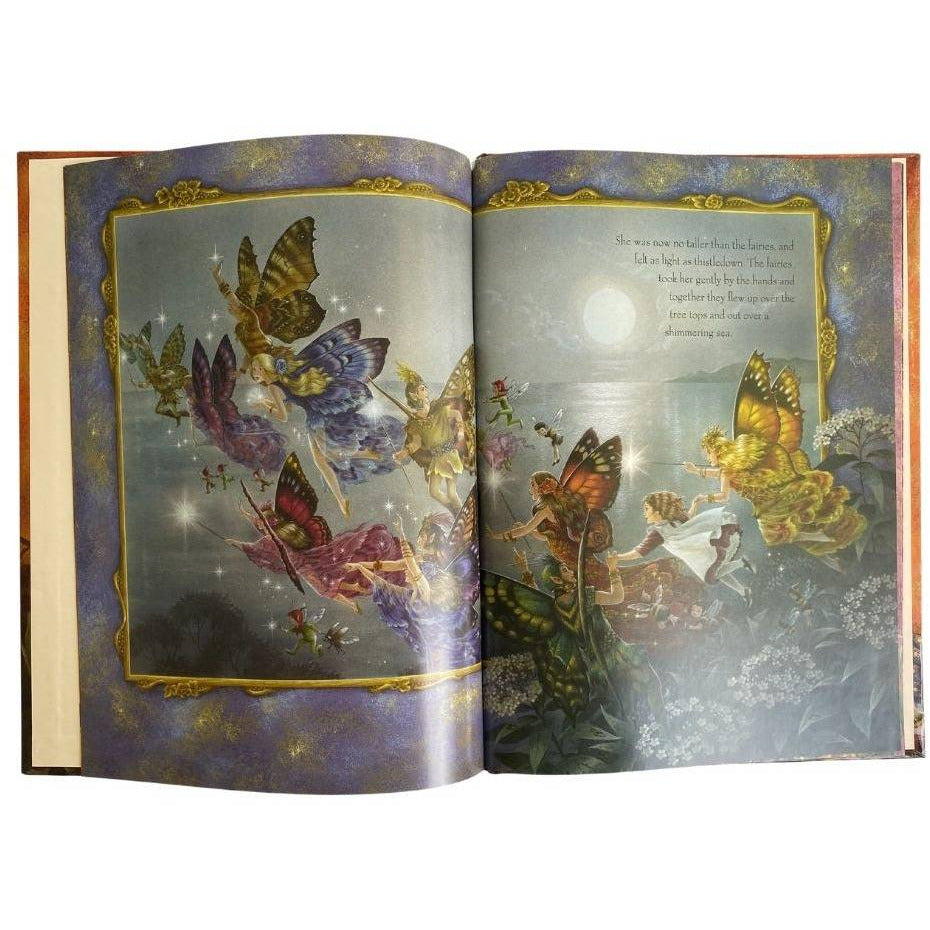 a group of fairies are flying into the night sky. Their wands light the way. They have beautiful gowns and butterfly wings . From the Enchanted Woods by Shirley barber