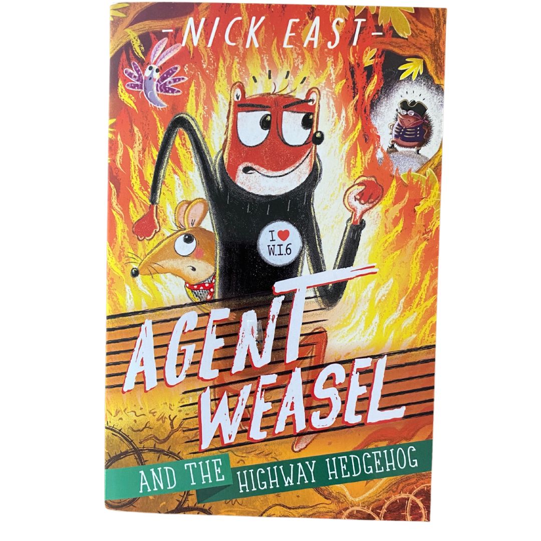 Image of agent weasel the superhero of the book racing  through flames to fight highway hedgehog