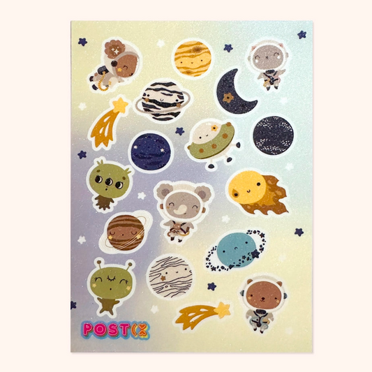 Aliens & Animals Encounter A6 Glitter Sticker Sheet by Postix