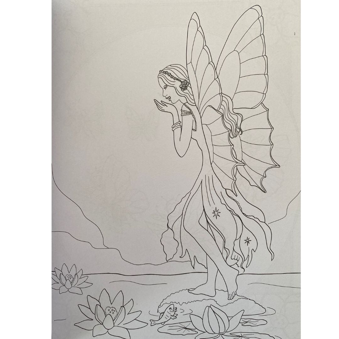 example of a colouring in page for shirly barbers fairy colour in book 3. Shows a fairy with butterfly wings walking on a stone in a pond filled with lillies 