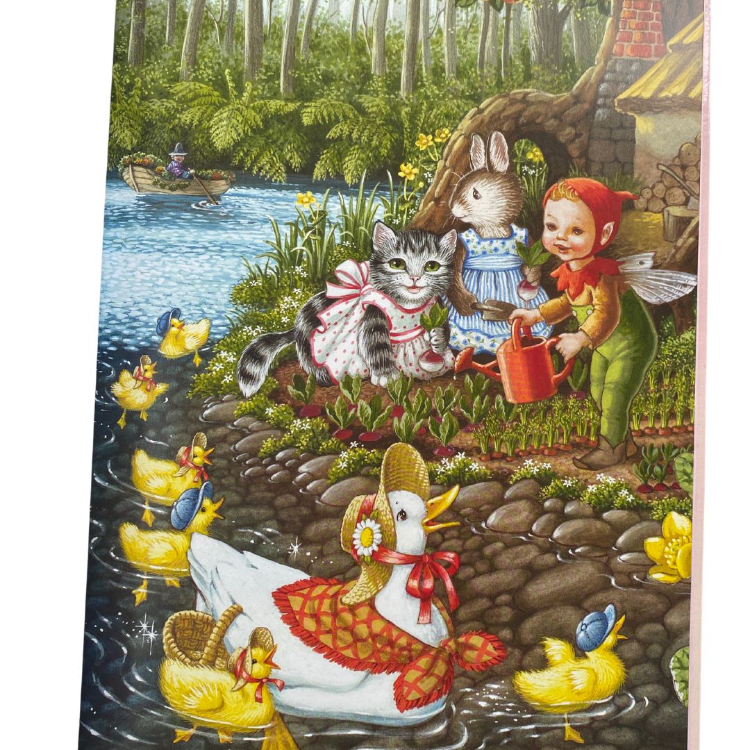 image of daphne the forgetful duck swimming past martha, tabitha and an elf with her ducklings. Martha and tabitha are at the edge of the river planting radishes. Martha is a rabbit and tabitha is a cat they are both wearing pinnafores 