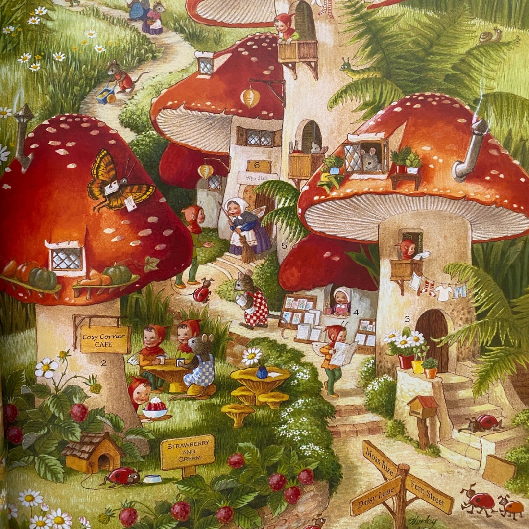 Picture of houses in fairiy land from shirley barbers a visit to fairyland. fairies and elves live in mushroom houses with red caps and white spots. Animals eat at a little cafe and their are small fairy shops. 