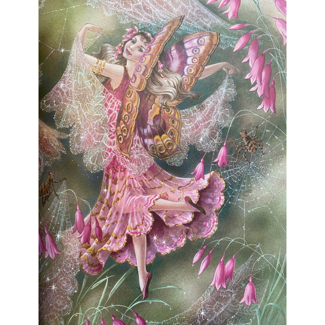 A beautiful fairy in a pink gown and delicate lace with pink wings is dancing in front a dew dropped spider web and pink flowers. A visit to fairyland by Shirley Barber