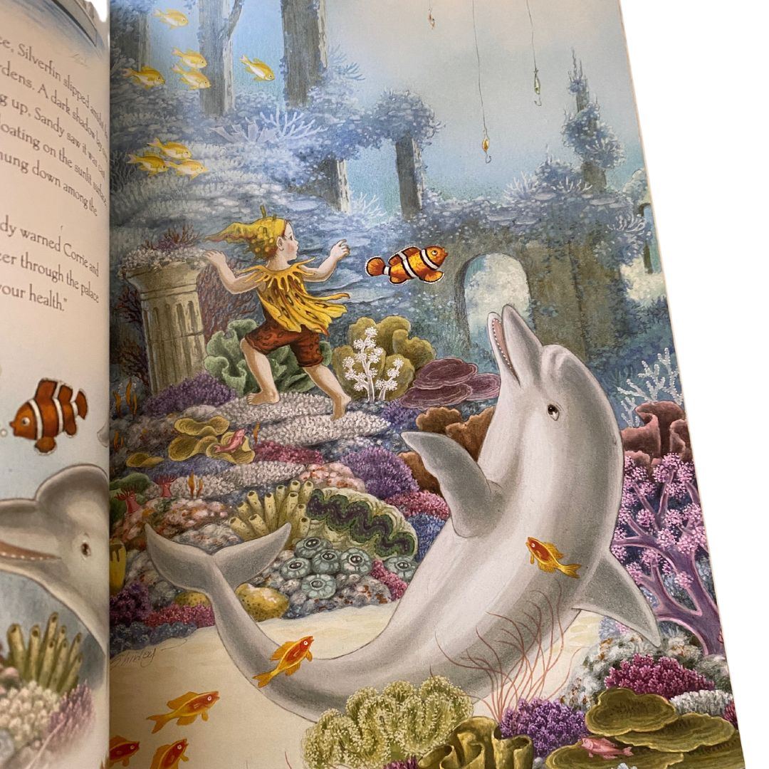 a young boy is walking on the ocean floor amongst fish and coral as a dolphin looks on from the mermaid princess and the trouble at the palace by shirley barber