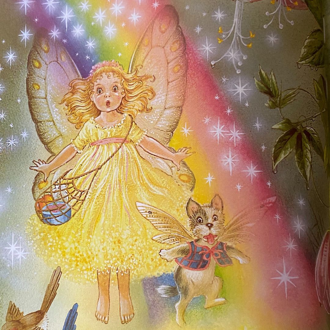 a young girl with blonde hair and a yellow dress looks shocked as she gets fairiy wings. Her small dog also has fairy wings. From shirley barbers rainbow magic.