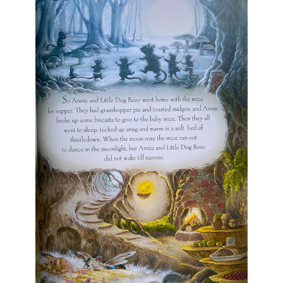 Picture and text from Shirley Barber's Rainbow Margic show a series of rats and mice above ground and a young fairy girl and her dog sleeping in a burrow underground 