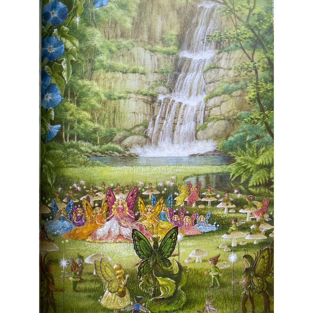 Picture of a collection of brightly coloured fairies and elves on toadstools at the base of a waterfall from Shirley Barber's Rainbow Magic