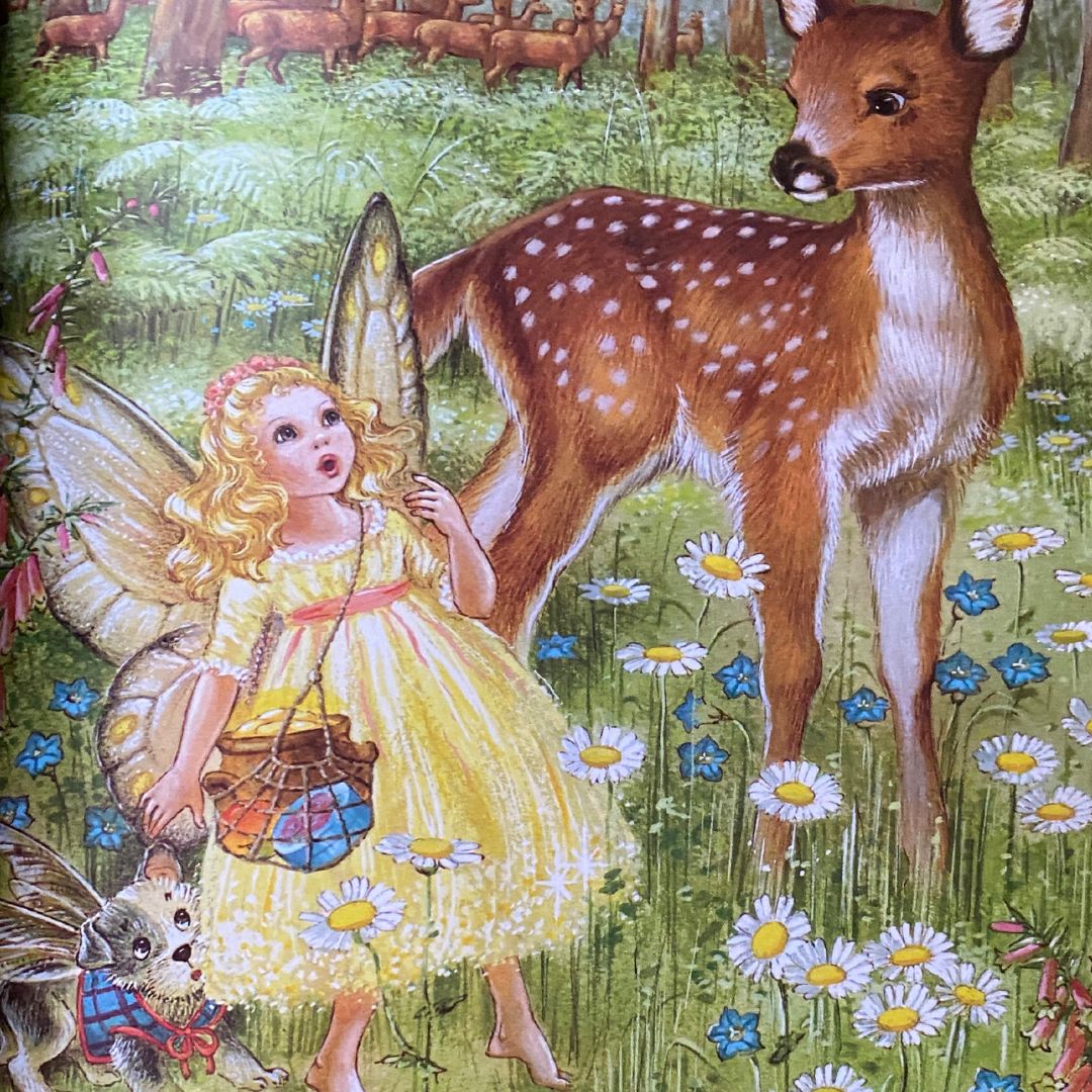 a young girl with blonde hair and a yellow dress is talking to a fawn in a meadow surrounded by flowers. She has a small fairy dog with her and she is carrying a pot of gold. from Shirley Barber's Rainbow Magic