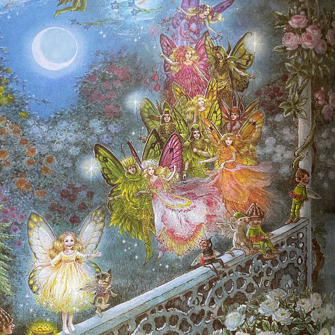 beautiful fairies with butterfly wings and elves sit on a balcony in the moonlight. A young girl fairy and her fairy dog are also there with a pot of gold from Rainbow Magic by Shirley barber