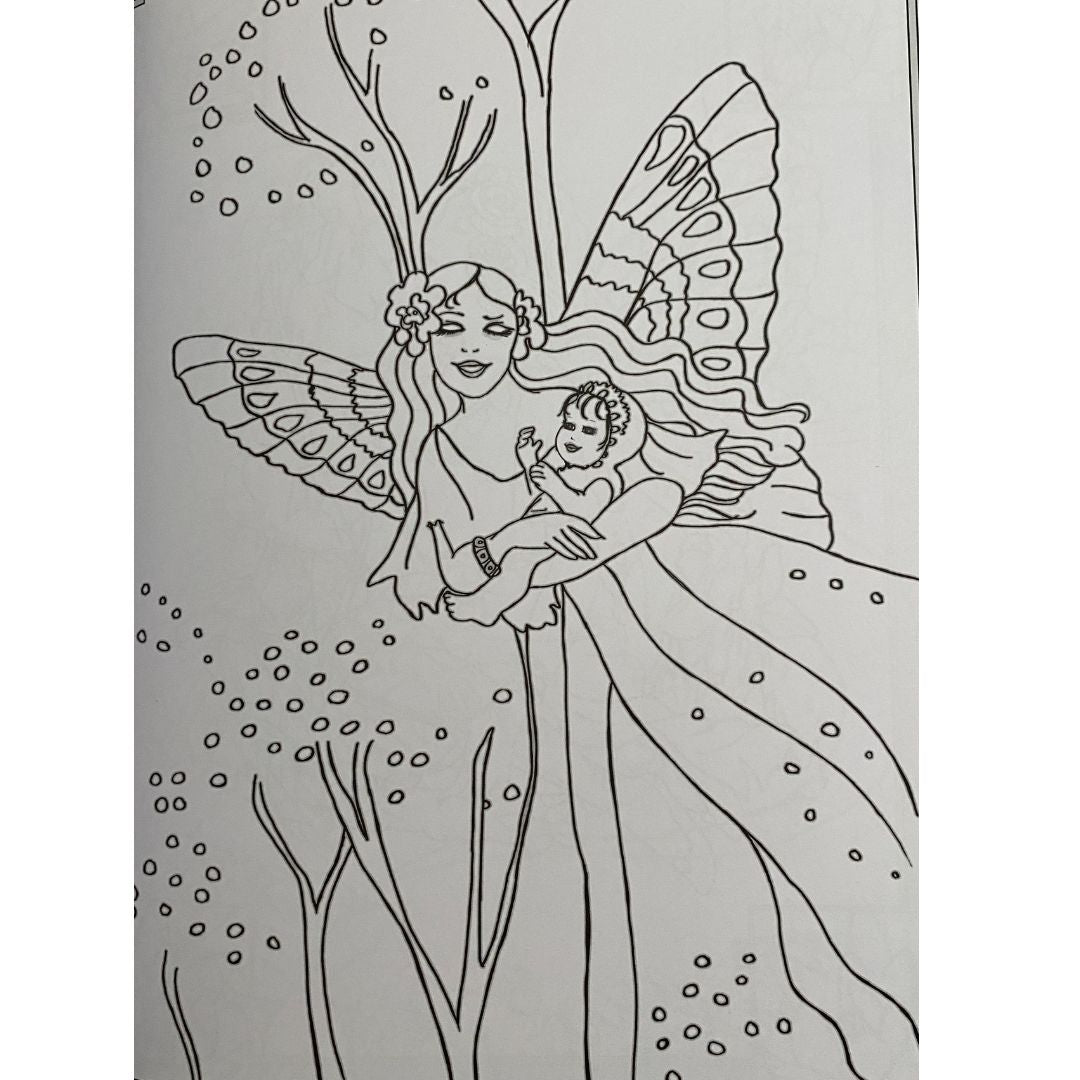 colour in image of a fairy holding a baby in front of trees