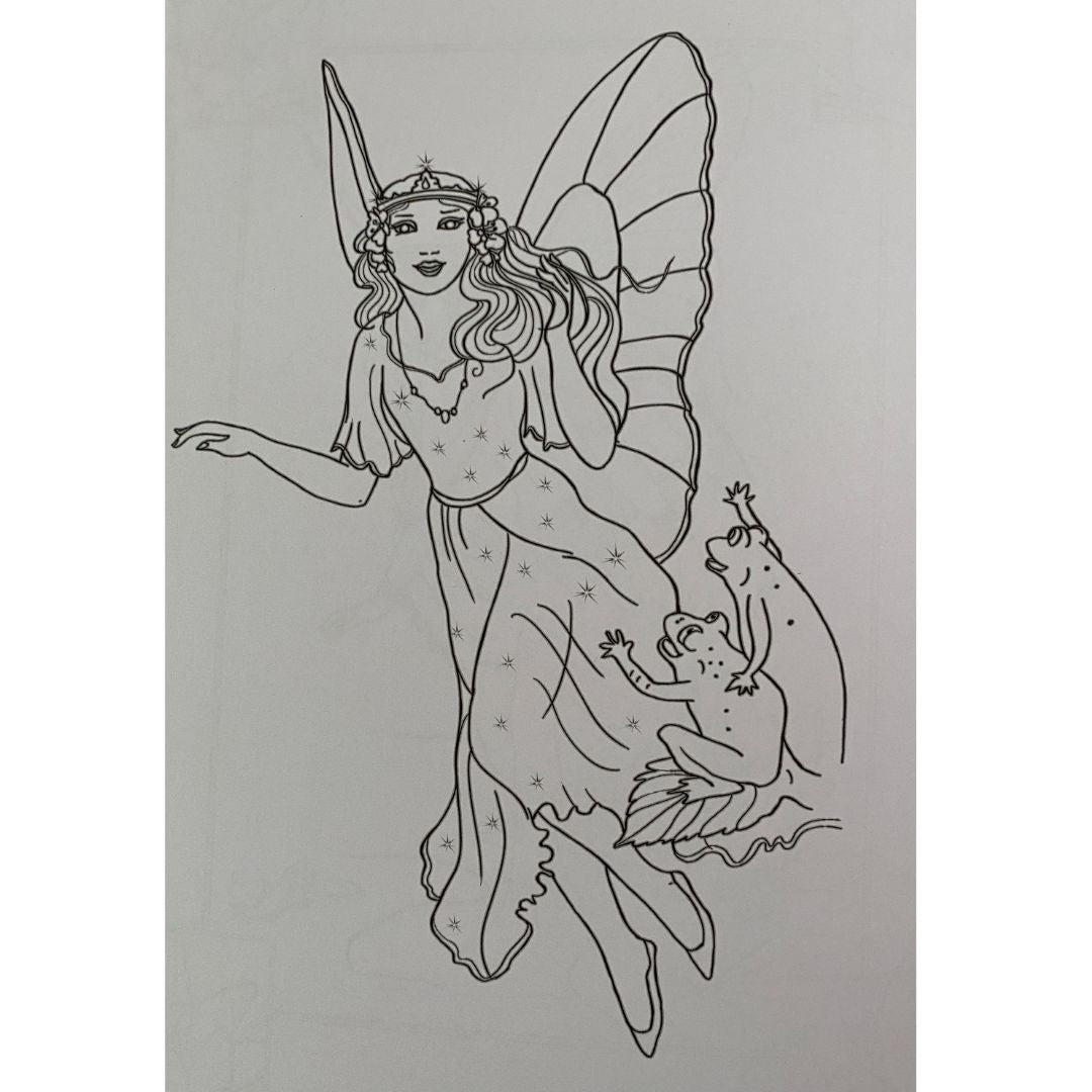 colour in image of a fairy with two frogs waving on a lily pad from Shirley barber classic fairies colour in book 2