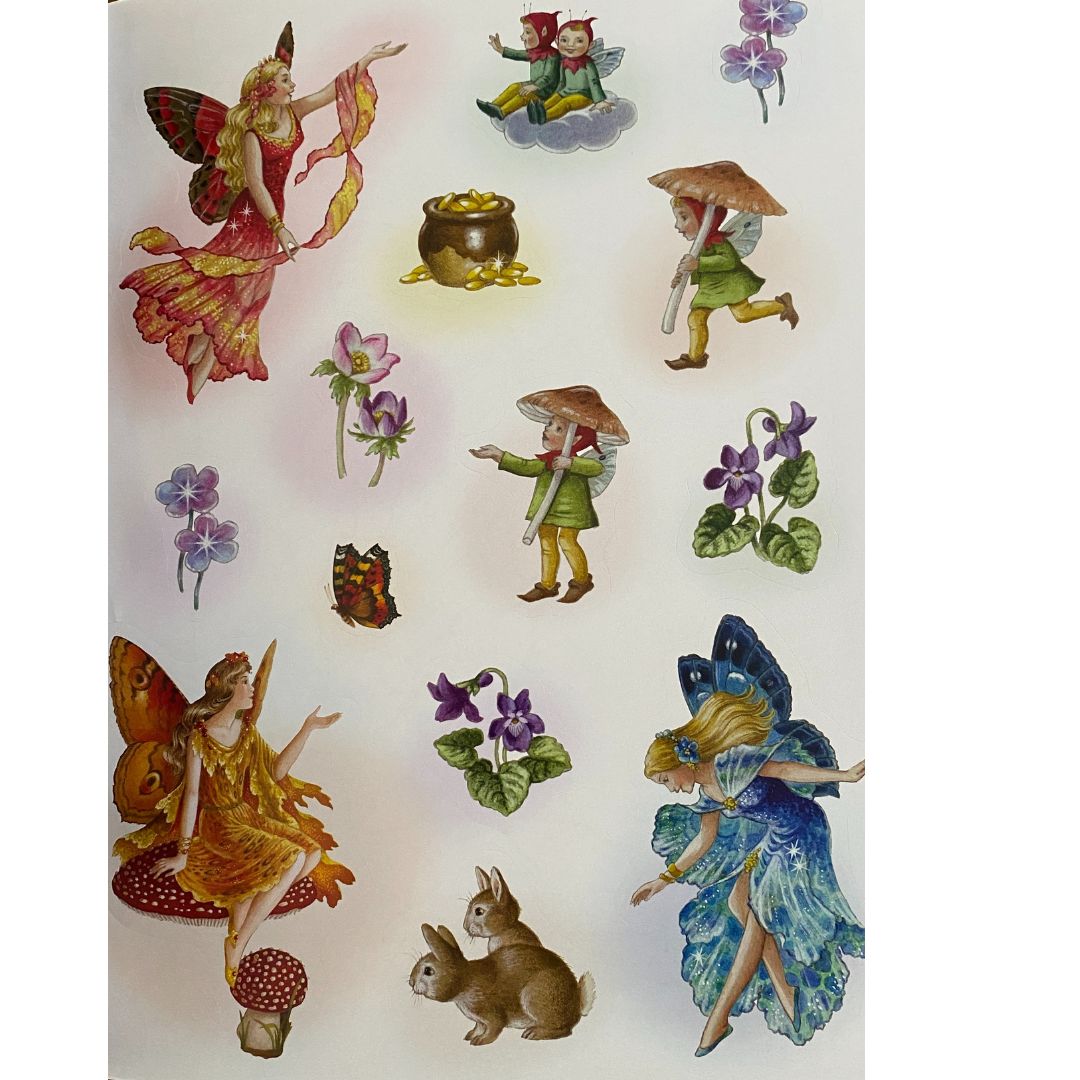 image of the sticker page in shirley barber classic fairies colour in book 2. Shows three fairies, several elves, rabbits, toadstools, butterflies and violets and a pot of gold 