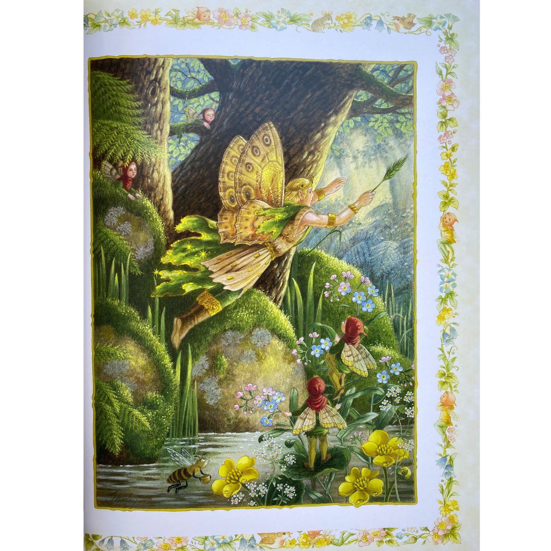 a male fairy with butterfly wings flys over a river while being watched by elves. From Shirley Barber's Spellbound