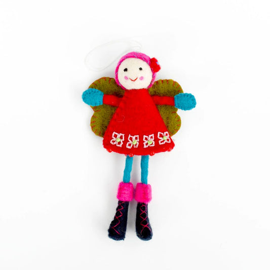Tara Treasures felt fairy doll with a red dress pink hat, green wings, blue mittens, blue tights and black and pink boots