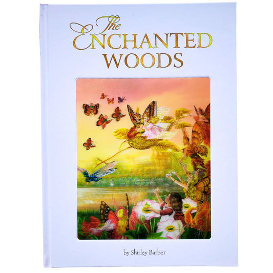 Front cover image of The Enchanted woods lenticular of 3D edition  by Shirley Barber. The image shows two fairies riding on a plant over a lake being farewelled by other fairies the colours are yellows, browns and reds. 