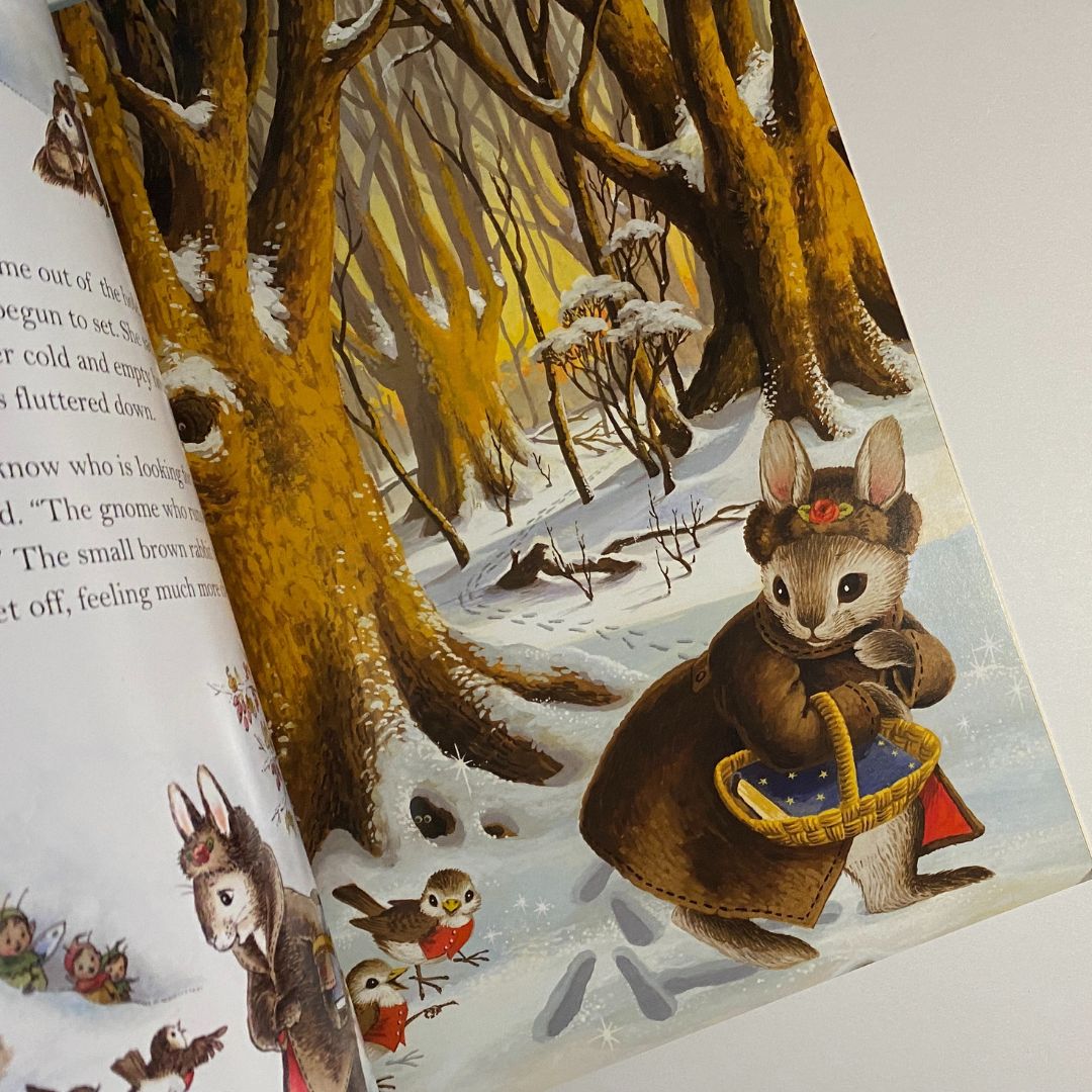 a rabbit dressed in brown coat and wearin a brown hat carrying a basket is walking through snow covered woods. She is talking to two little birds dressed in red waistcoats from The Fairies cook by Shirley barber