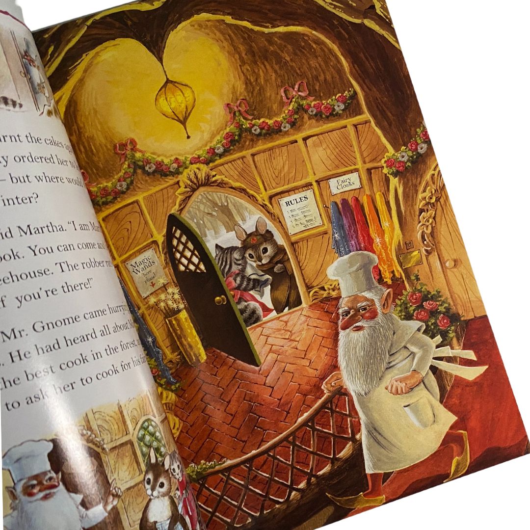 a rabbit and a cat stand in the doorway to a room that has a chef gnome. The room has signs about storing magic wands and fairy cloaks. From the Fairies Cook by Shirley barber