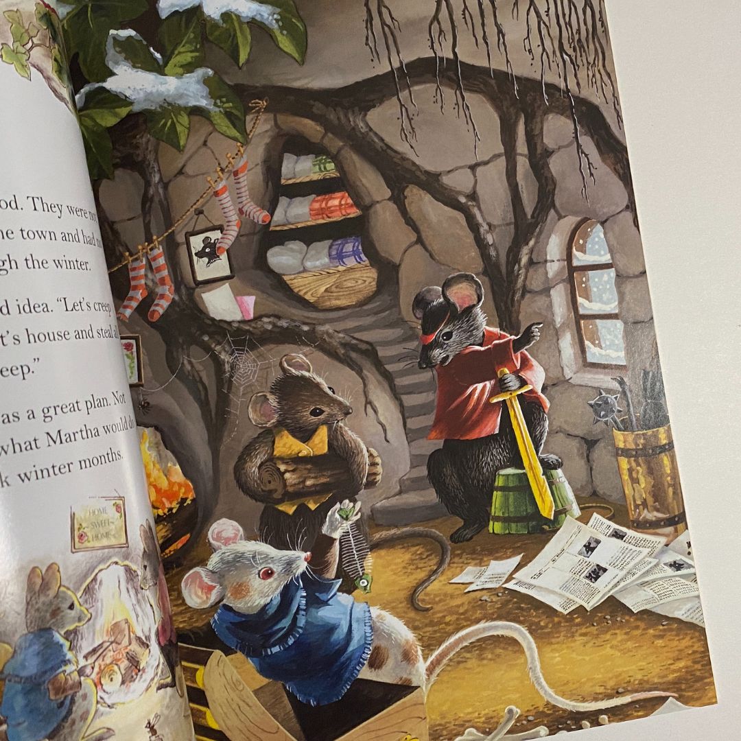 three rats dressed in clothes and waistcoats are rummaging through a dirty room at the base of a tree. From the fairies cook by Shirley barber