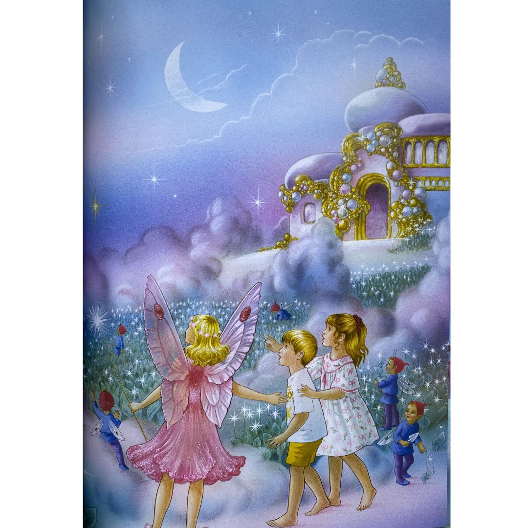 Inside image of a purple palace amongst the clouds with gold and blue and pink baubles there is a pink fairy with two children a boy and a girl and lots of little fairy elves. The moon is in the sky. From The Tooth Fairy by Shirley Barber