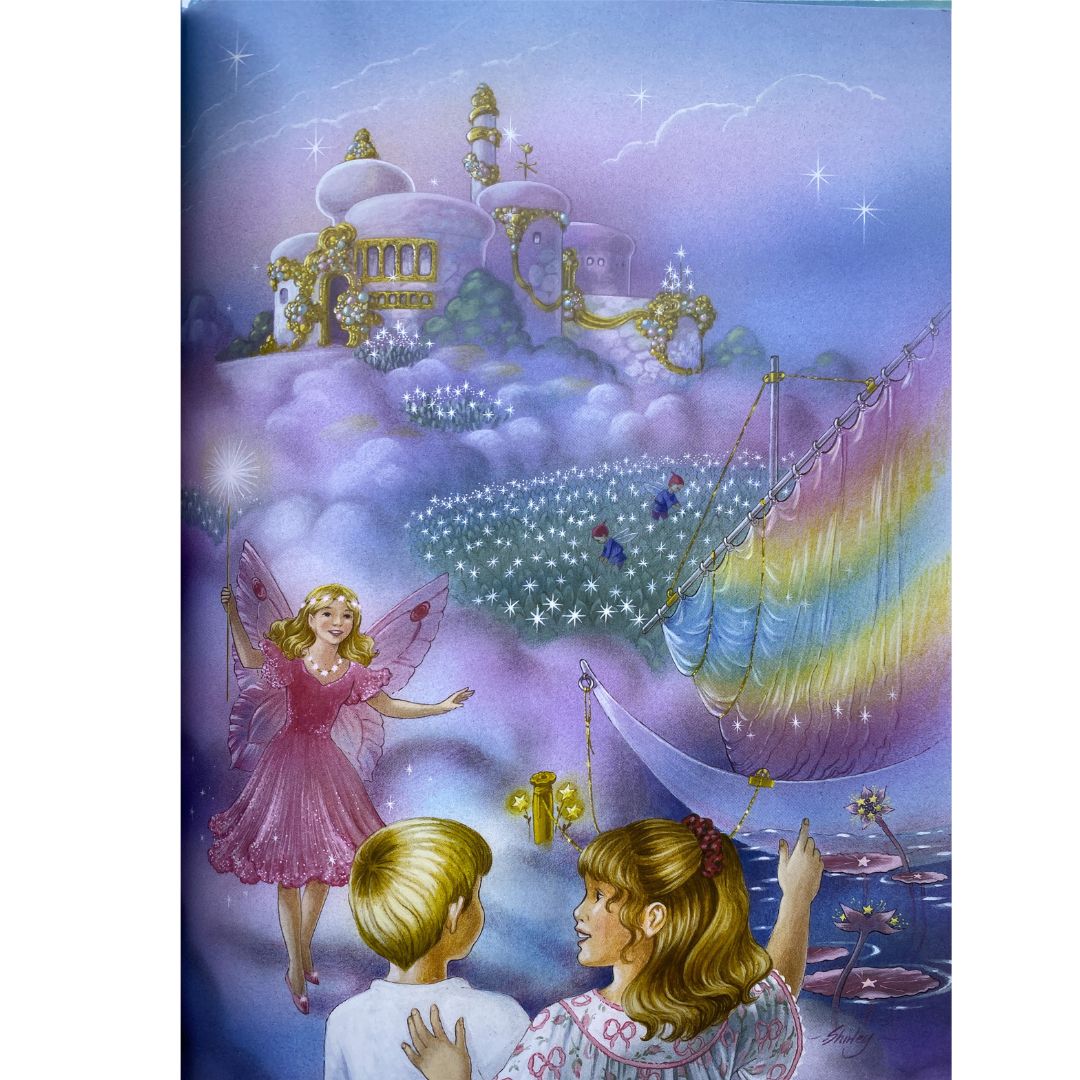 a pink fairy greats a boy and girl in a purple cloud like place that has a purple cloud palace and a rainbow coloured sail boat. The boy and the girls are white with blonde hair from the tooth fairy by shirley Barber