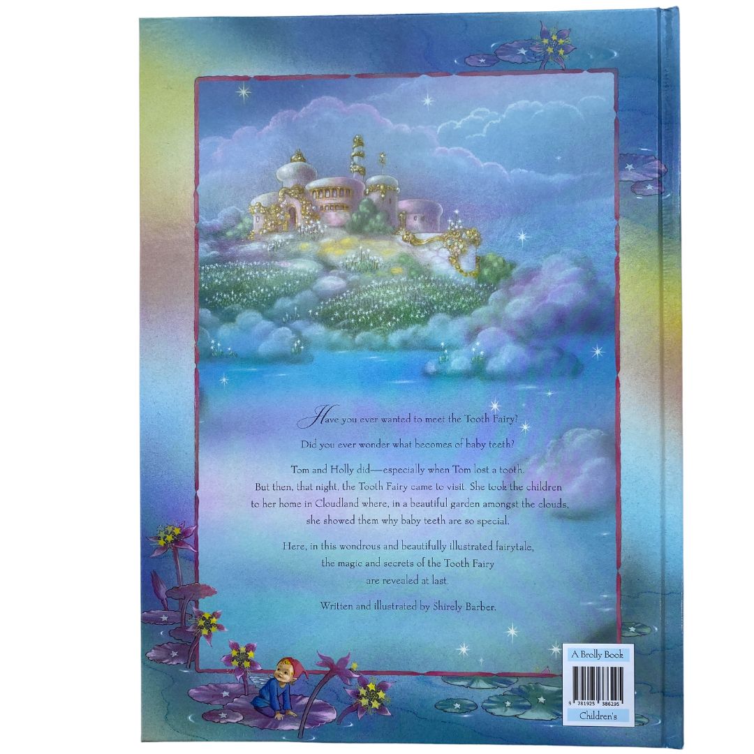 back cover of Shirley Barber's Tooth fairy showing a mythical purple palace in the clouds 