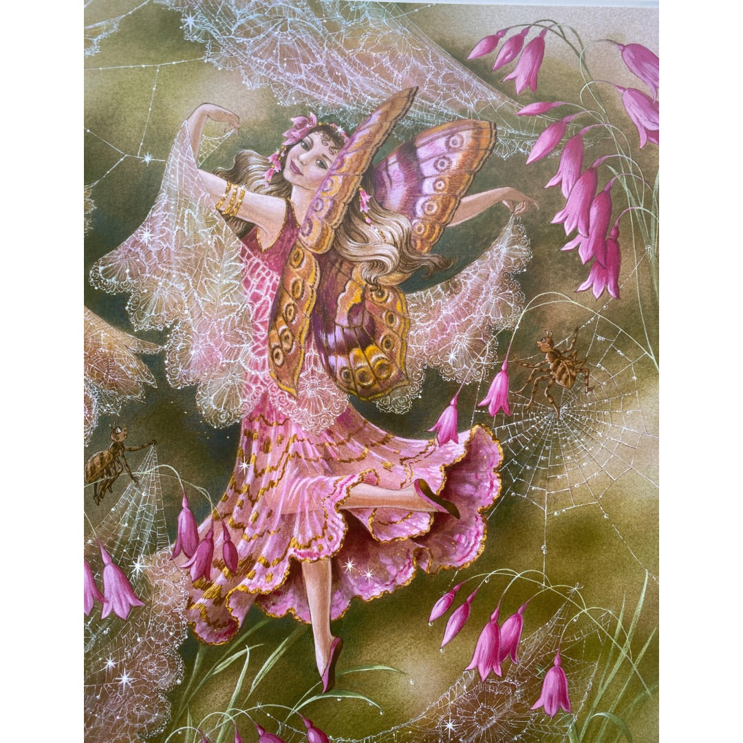A beautiful fairy with pink and purple butterfly wings is near a spiders web with dew drops and beautiful pink flowers. From a visit to fairyland by Shirley barber