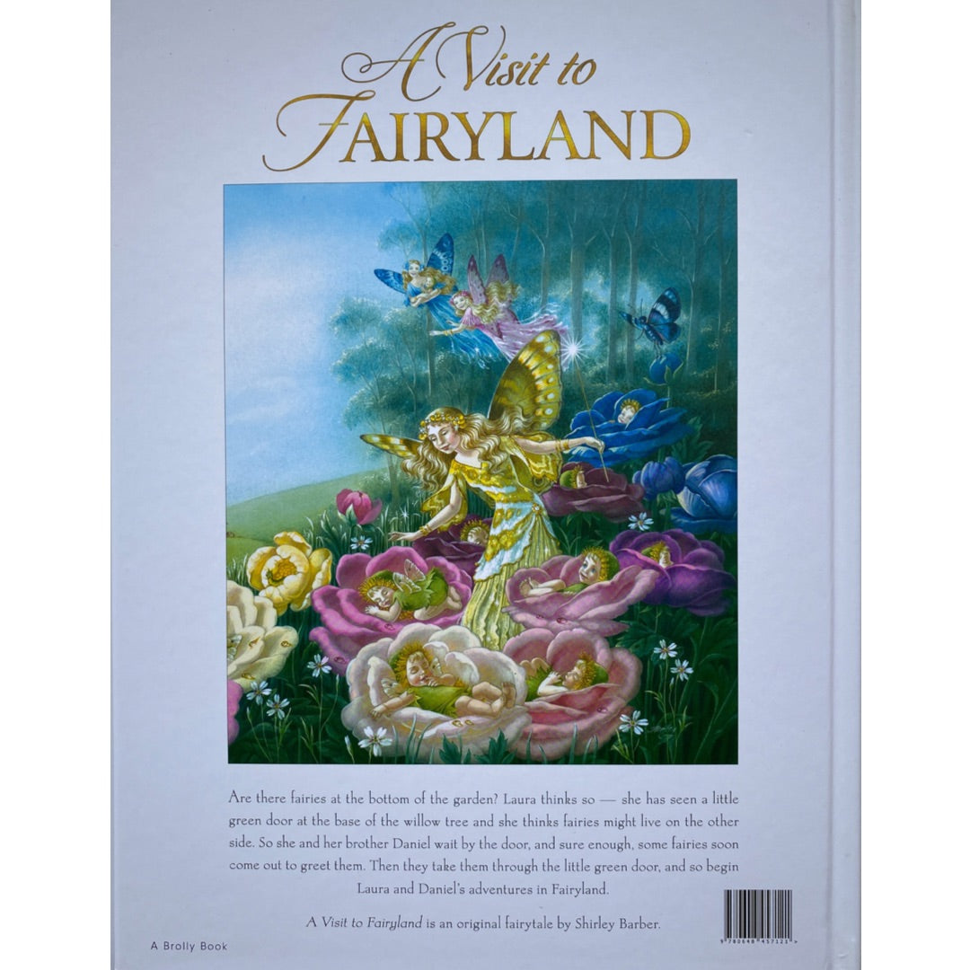 the back cover of the lenticular edition of a visit to fairyland by Shirley barber. The image is of a golden fairy with butterfly wings tending to fairy babies asleep in flower cradles in a woodland setting