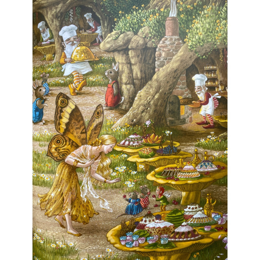 there is a fairy picnic with lots of beautiful pastries and cakes being served on top of toadstools a beautiful golden coloured fairy with butterfly wings is bending down to talk to the mice and the rabbits in a woodland setting. From A visit to fairyland by Shirley Barber
