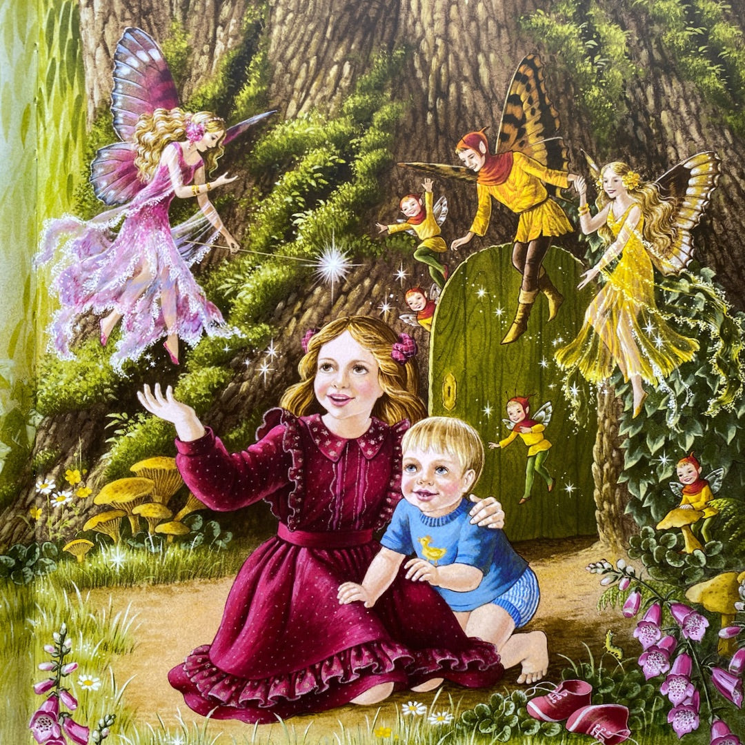 a young girl and her baby brother a marvelling at the fairies with jewel coloured butterfly wings that are all around them. They are sitting in front a small door at the base of a tree. from Shirley Barber's a visit to Fairyland