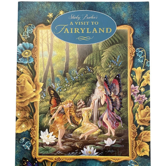 cover of a visit to fairyland by Shirley Barber. Childrens picture book about fairies, brolly books. Three fairies are near a small waterfall and river. They have beautiful jewel like butterfly wings. The river is covered in lily's