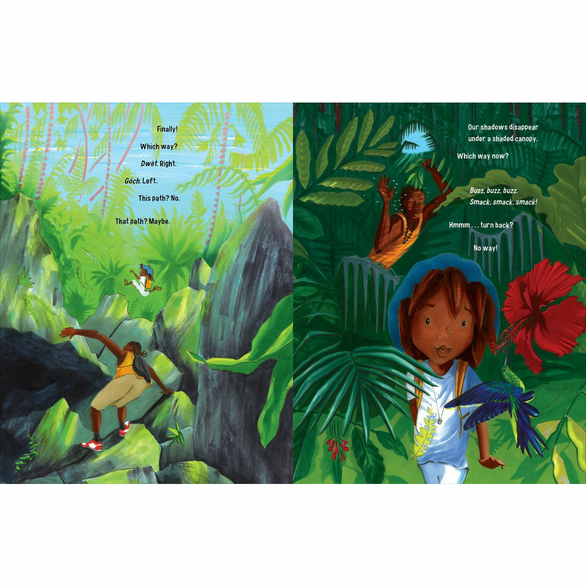 Climb On! by Baptiste Paul, illustrated by Jacqueline Alcántara, front cover of a childrens picture book the image is of a father and daughter climbing a mountain in a tropical setting. Daughter is running ahead and the father is battling mosquitoes