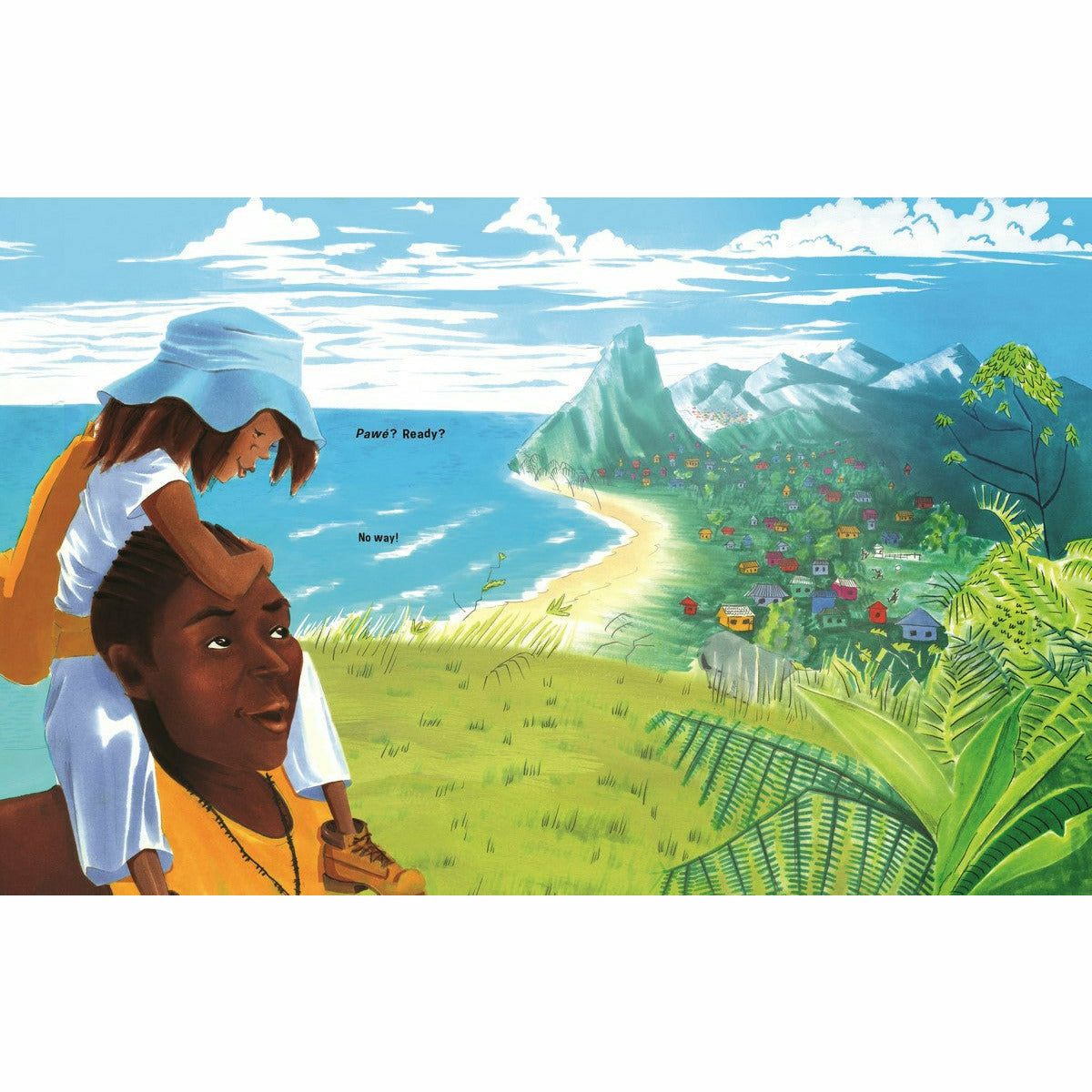 Climb On! by Baptiste Paul, illustrated by Jacqueline Alcántara, front cover of a childrens picture book the image is of a father and daughter climbing a mountain in a tropical setting looking out over the ocean. They have reached the top