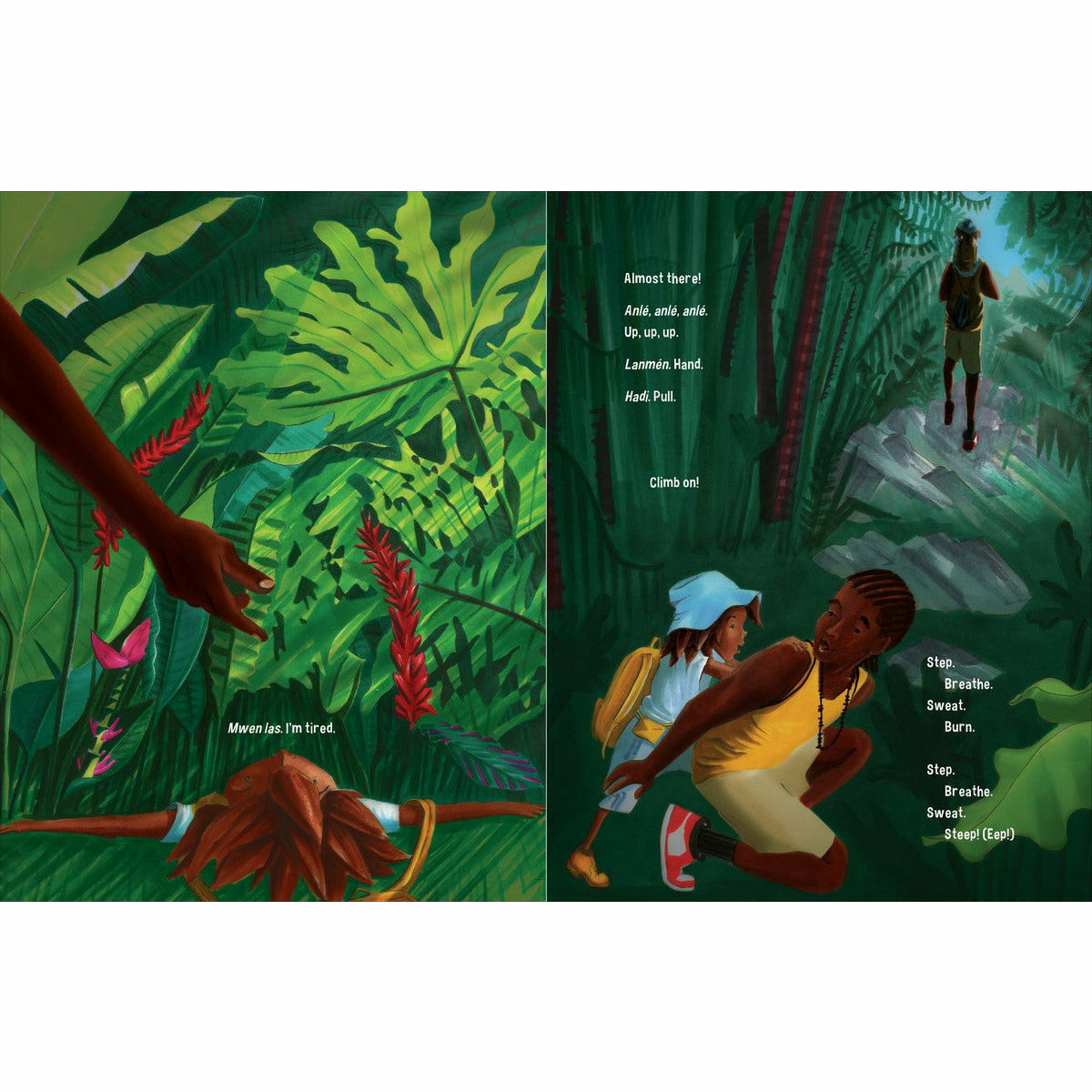 Climb On! by Baptiste Paul, illustrated by Jacqueline Alcántara, front cover of a childrens picture book the image is of a father and daughter climbing a mountain in a tropical setting. Father is going to help his daughter continue to the top 